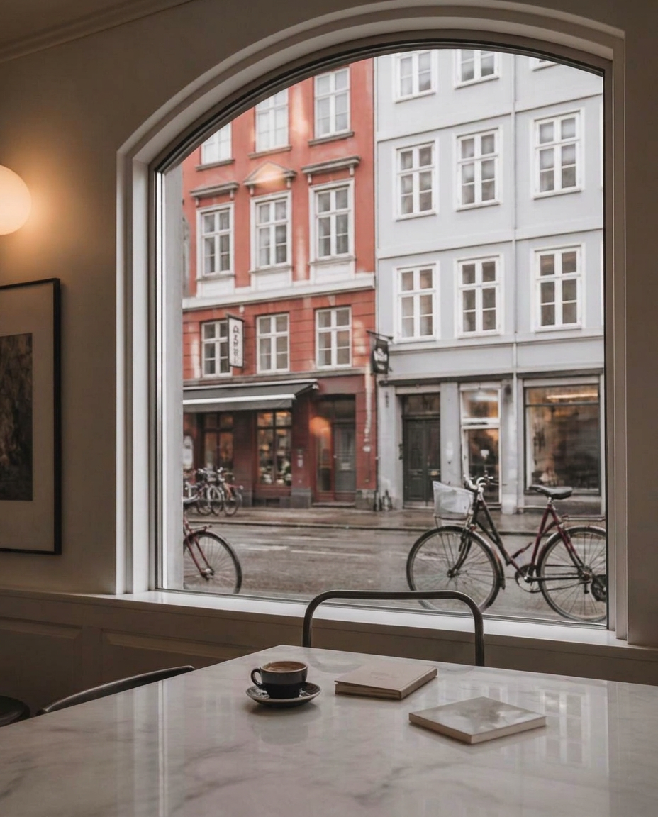 An empty marble cafe table with a coffee and notebook, colourful city buildings visible through the arched window